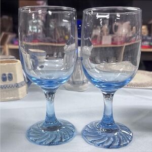 Vintage Duz Crystal D2Z3 Wine Glasses by Libbey Blue Swirl Base | Set of 2